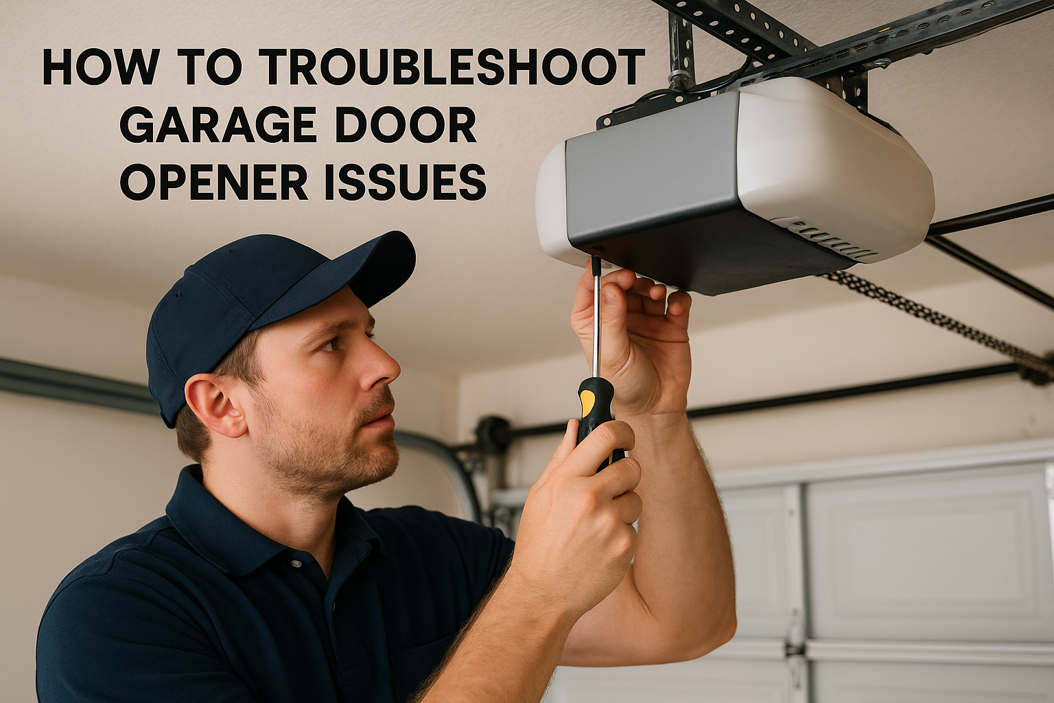 Technician in blue uniform inspecting a garage door opener with a screwdriver, illustrating how to troubleshoot garage door opener issues.