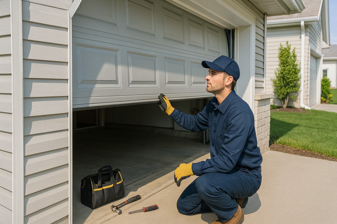 Technician inspecting a half-open garage door at a suburban New Jersey home