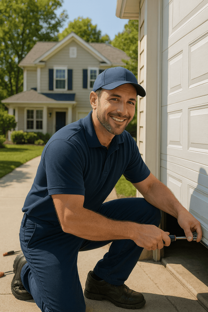 Smiling garage door technician in navy uniform using a red-handled screwdriver to repair a white garage door on a sunny day in a suburban driveway with a house and green trees in the background.