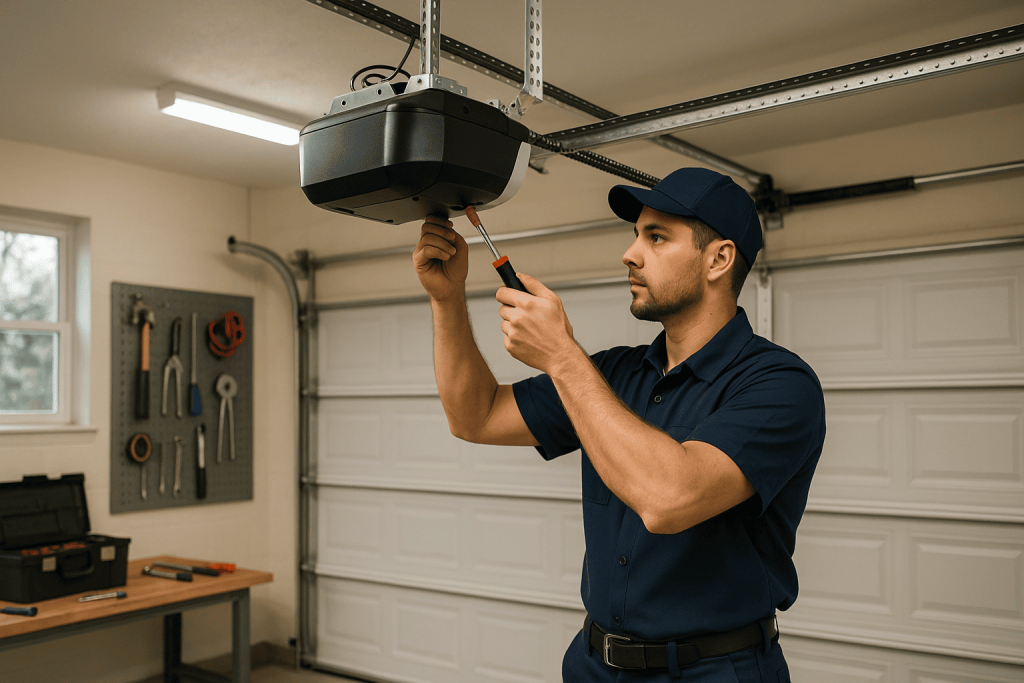 Technician in a blue uniform installing a garage door opener motor in a clean, well-lit residential garage with neatly organized tools in the background.
