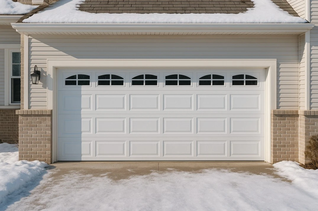 Winterizing garage door service in New Jersey — insulated residential door with snow