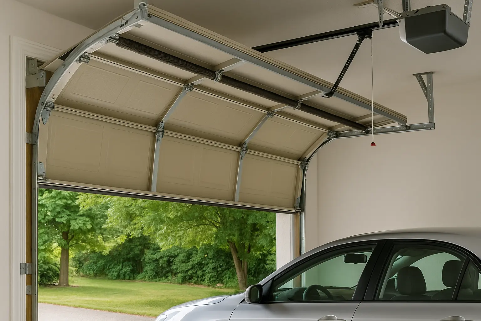 Garage door maintenance in New Jersey home — technician checking rollers and hinges during routine service