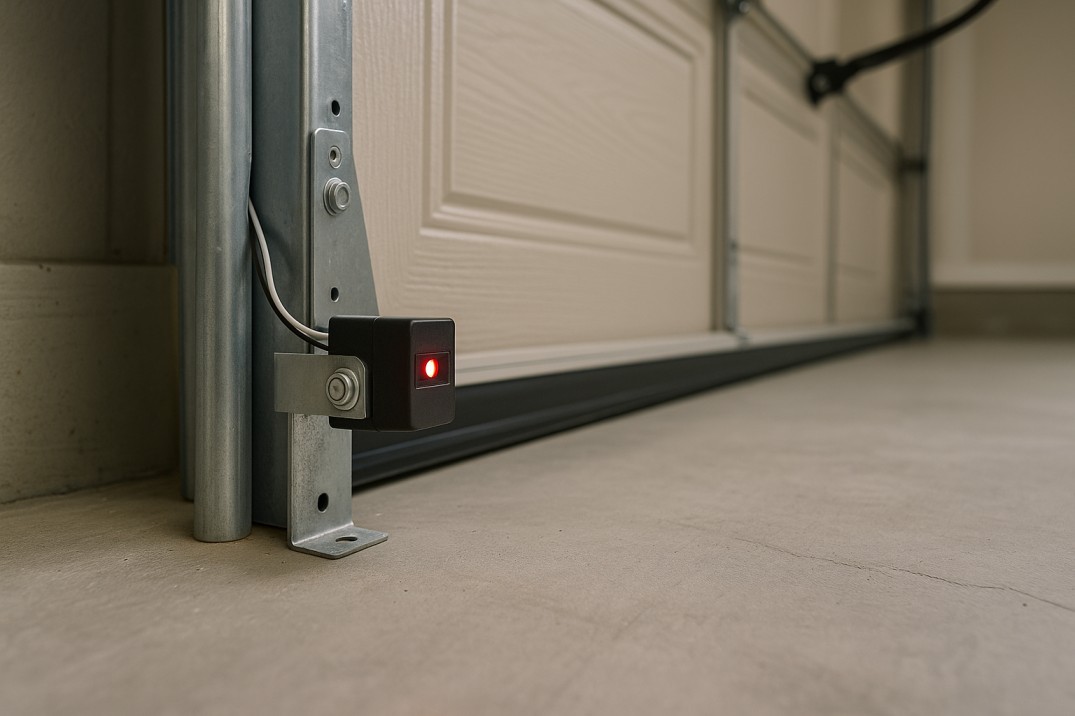 close-up of a modern garage door opener mechanism inside a residential garage, showing the motor unit, metal rail, and ceiling mount in realistic lighting