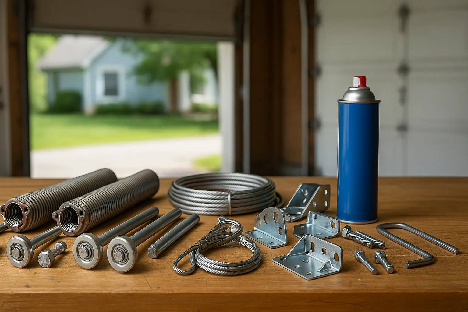 Professional garage door fixing kit on wooden workbench with rollers, springs, cables, brackets, bolts, and lubricant in a New Jersey garage