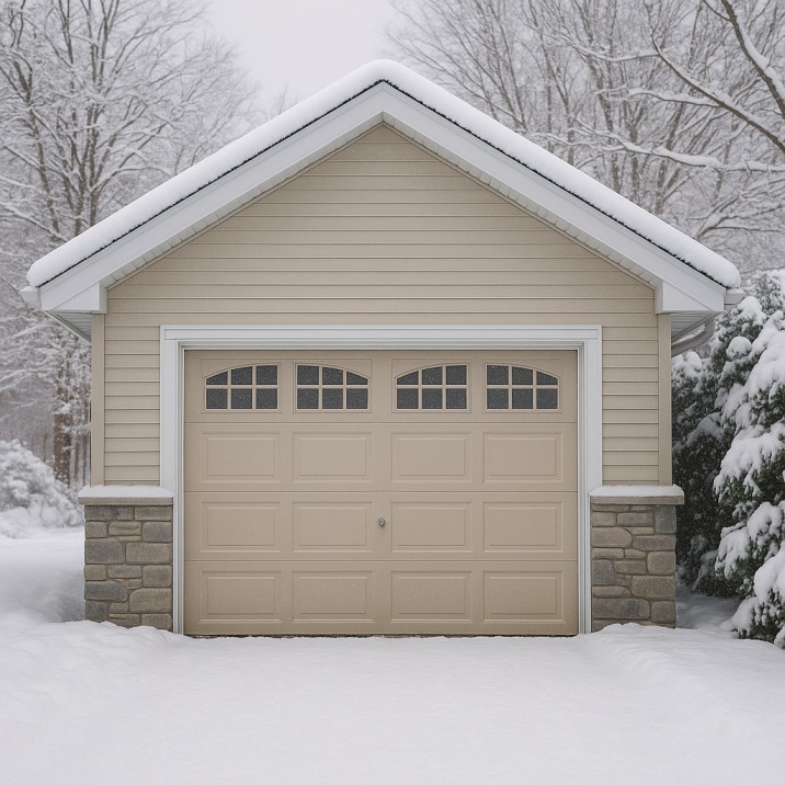 Garage door winter Morris County NJ home with snow-covered driveway