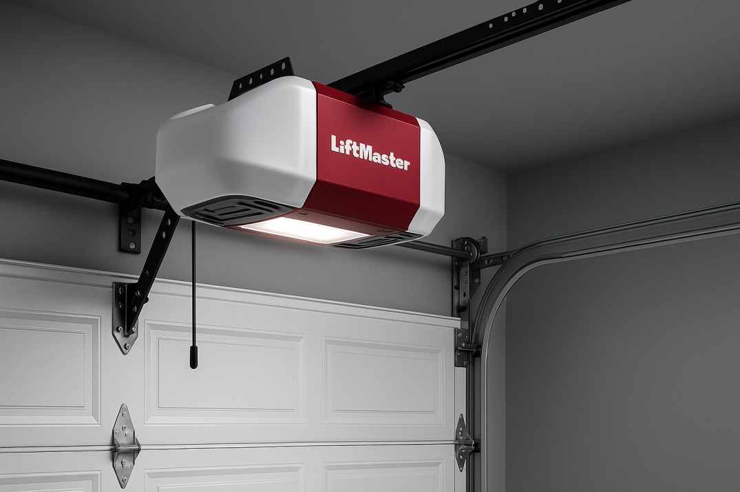 Close-up of a LiftMaster garage door opener mounted to the ceiling inside a modern garage in Morris County, NJ.